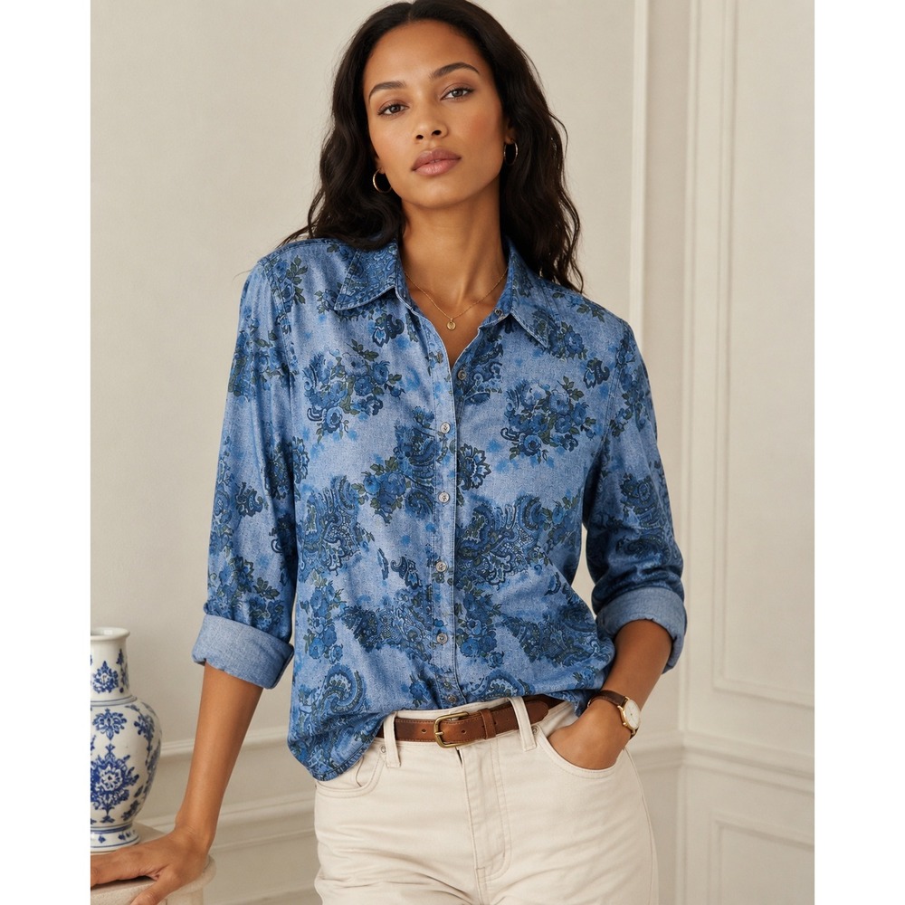 Krazy Kat Floral Paisley Chambray Button Front Shirt 100% Cotton Size Medium